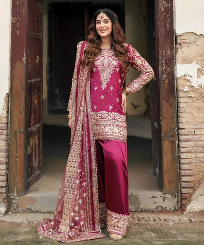 Rani pink kurta with heavy gold zardosi embroidery
