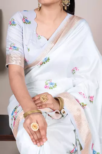 White tussar silk printed with viscose border saree with unstitched blouse