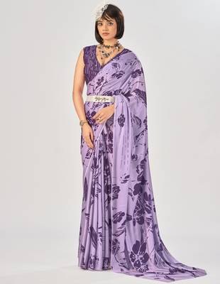 Lavender satin silk elegant printed saree with unstitched blouse 1