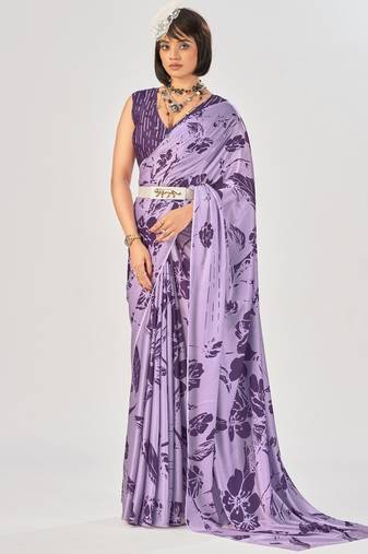 Lavender satin silk elegant printed saree with unstitched blouse