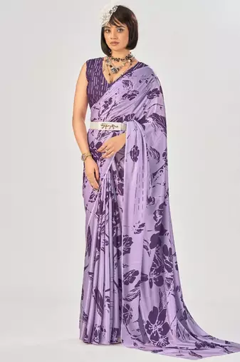 Lavender satin silk elegant printed saree with unstitched blouse