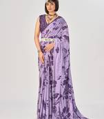 Lavender satin silk elegant printed saree with unstitched blouse
