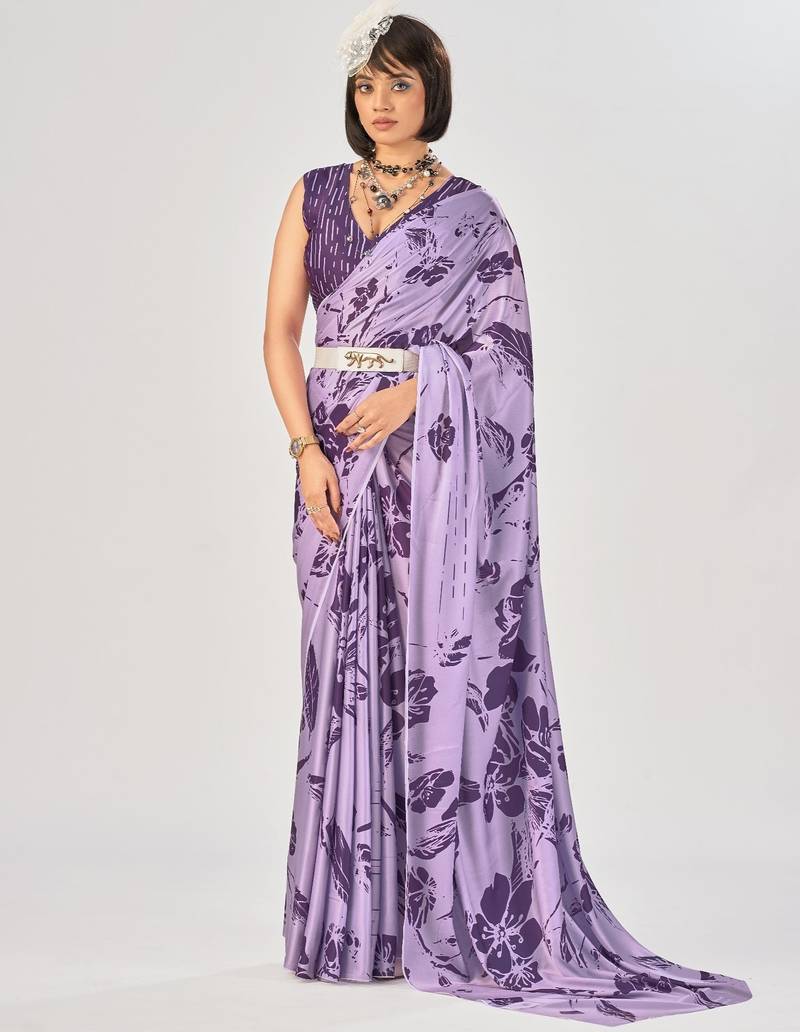 Lavender satin silk elegant printed saree with unstitched blouse