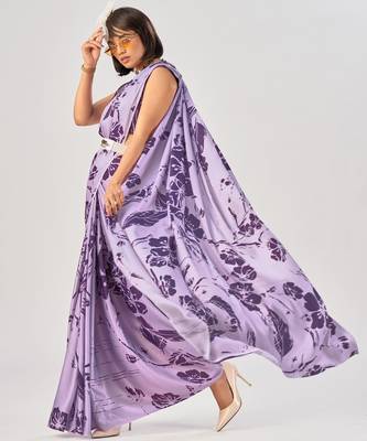 Lavender satin silk elegant printed saree with unstitched blouse 2