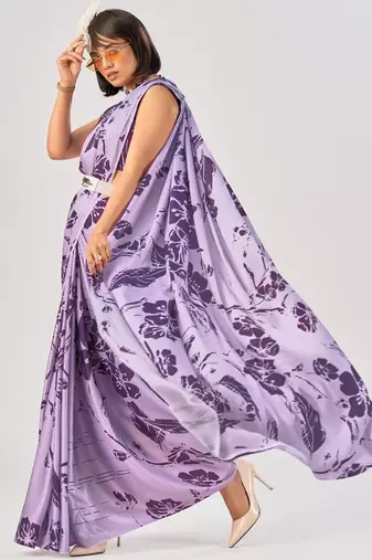 Lavender satin silk elegant printed saree with unstitched blouse