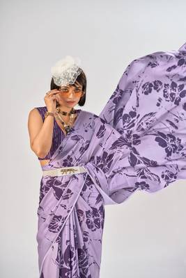 Lavender satin silk elegant printed saree with unstitched blouse 3