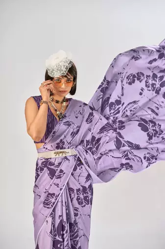 Lavender satin silk elegant printed saree with unstitched blouse