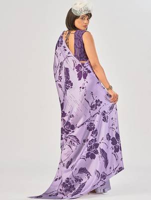 Lavender satin silk elegant printed saree with unstitched blouse 4