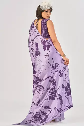 Lavender satin silk elegant printed saree with unstitched blouse