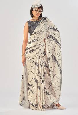 Off white satin silk elegant printed saree with unstitched blouse 1