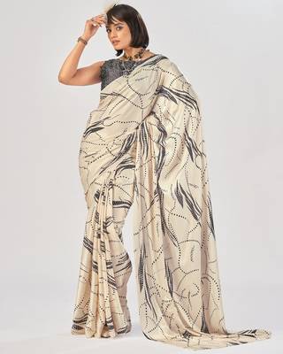 Off white satin silk elegant printed saree with unstitched blouse 2