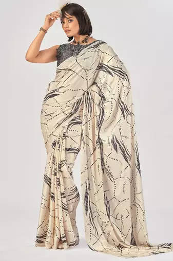 Off white satin silk elegant printed saree with unstitched blouse