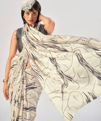 Off white satin silk elegant printed saree with unstitched blouse 3