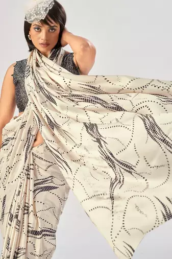 Off white satin silk elegant printed saree with unstitched blouse