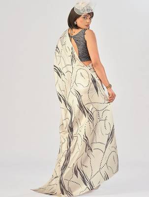 Off white satin silk elegant printed saree with unstitched blouse 4