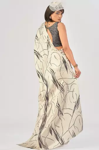 Off white satin silk elegant printed saree with unstitched blouse