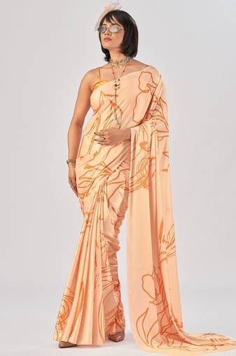 Orange satin silk elegant printed saree with unstitched blouse