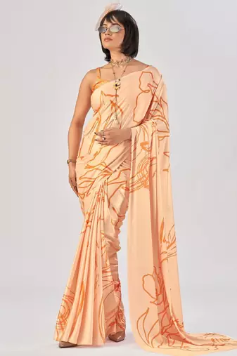 Orange satin silk elegant printed saree with unstitched blouse