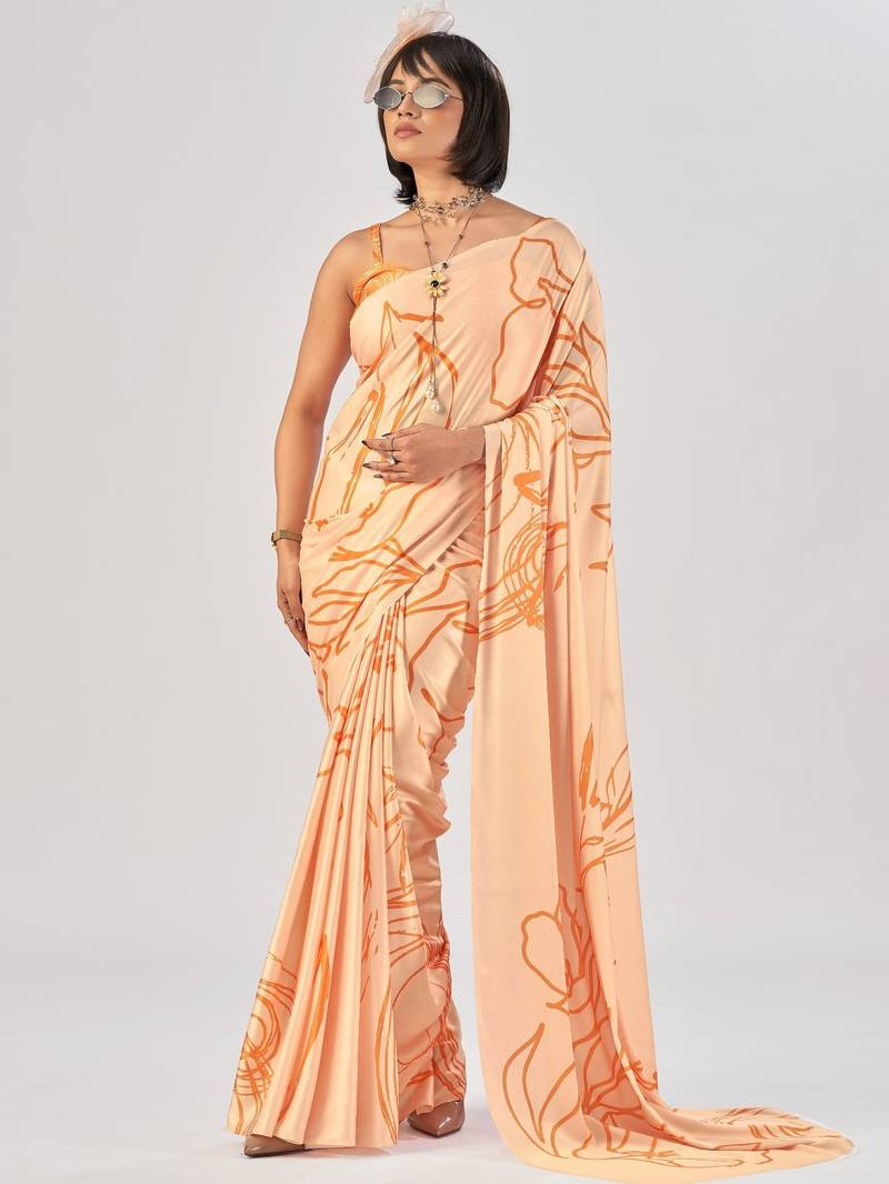 Orange satin silk elegant printed saree with unstitched blouse