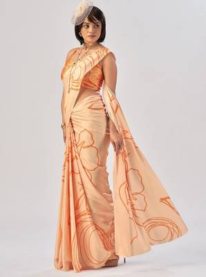Orange satin silk elegant printed saree with unstitched blouse 2