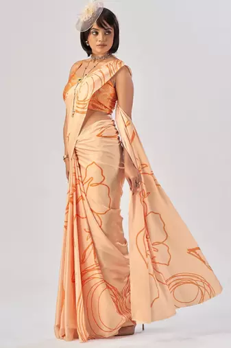 Orange satin silk elegant printed saree with unstitched blouse