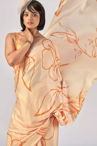 Orange satin silk elegant printed saree with unstitched blouse