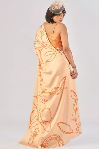 Orange satin silk elegant printed saree with unstitched blouse