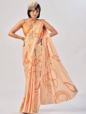 Orange satin silk elegant printed saree with unstitched blouse 5