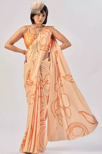 Orange satin silk elegant printed saree with unstitched blouse