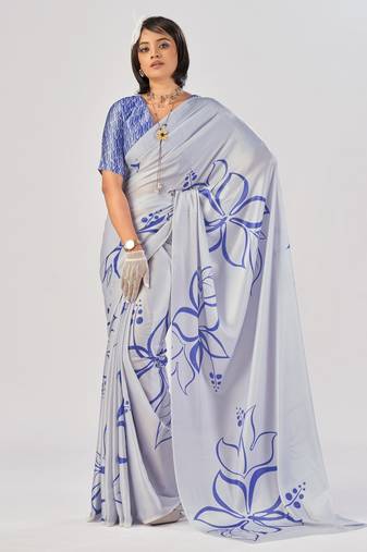 Sea blue satin silk elegant printed saree with unstitched blouse