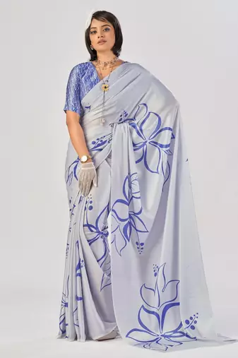 Sea blue satin silk elegant printed saree with unstitched blouse