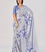 Sea blue satin silk elegant printed saree with unstitched blouse