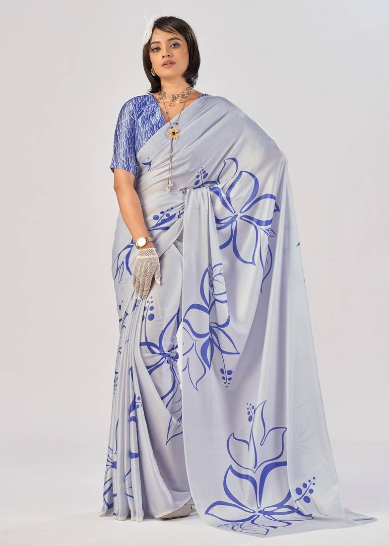 Sea blue satin silk elegant printed saree with unstitched blouse