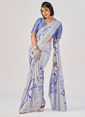 Sea blue satin silk elegant printed saree with unstitched blouse 2