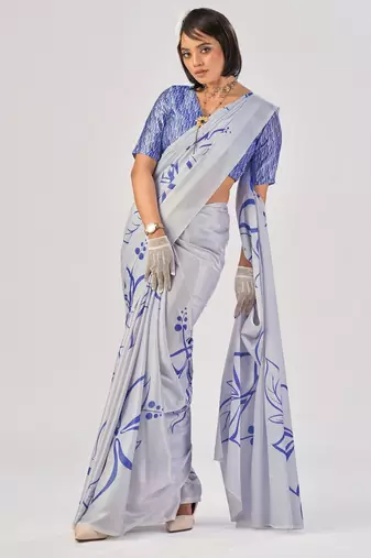 Sea blue satin silk elegant printed saree with unstitched blouse