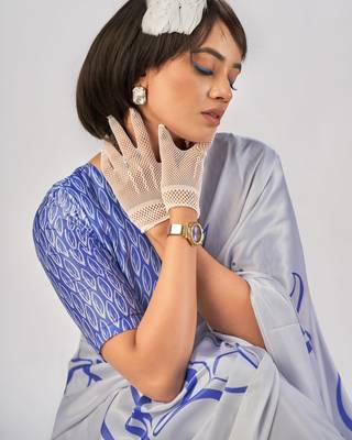 Sea blue satin silk elegant printed saree with unstitched blouse 3