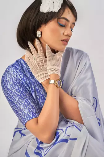 Sea blue satin silk elegant printed saree with unstitched blouse