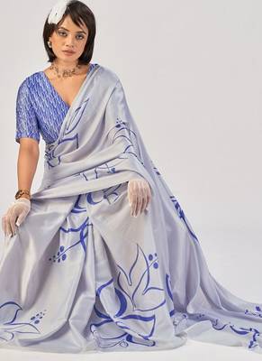 Sea blue satin silk elegant printed saree with unstitched blouse 4