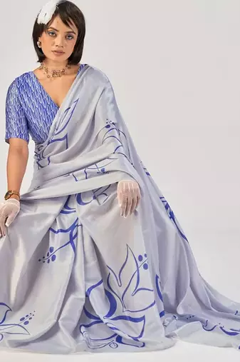 Sea blue satin silk elegant printed saree with unstitched blouse