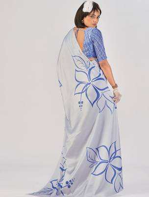 Sea blue satin silk elegant printed saree with unstitched blouse 5