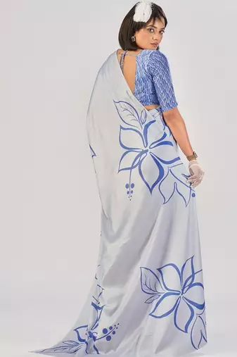 Sea blue satin silk elegant printed saree with unstitched blouse