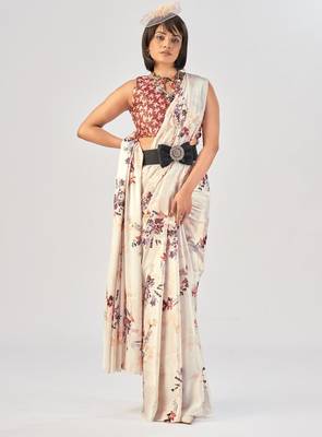 White satin silk elegant printed saree with unstitched blouse 1