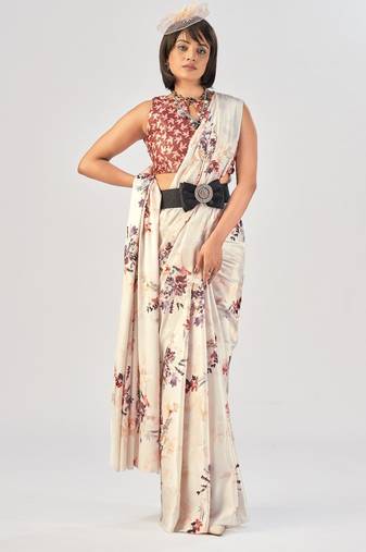 White satin silk elegant printed saree with unstitched blouse