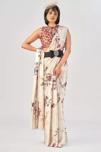 White satin silk elegant printed saree with unstitched blouse