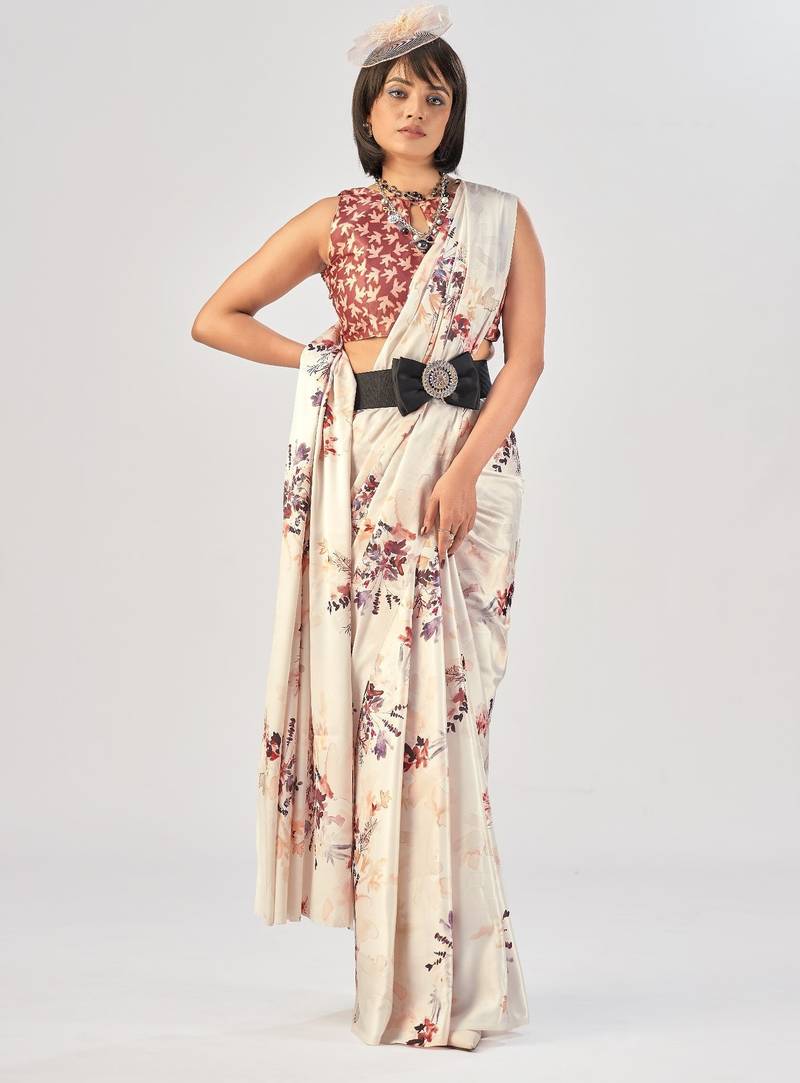 White satin silk elegant printed saree with unstitched blouse