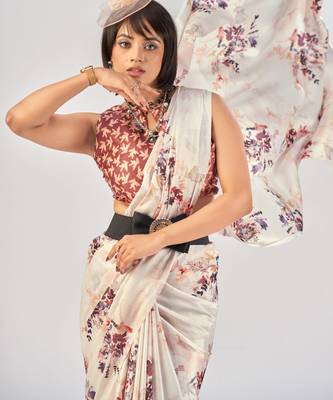 White satin silk elegant printed saree with unstitched blouse 2