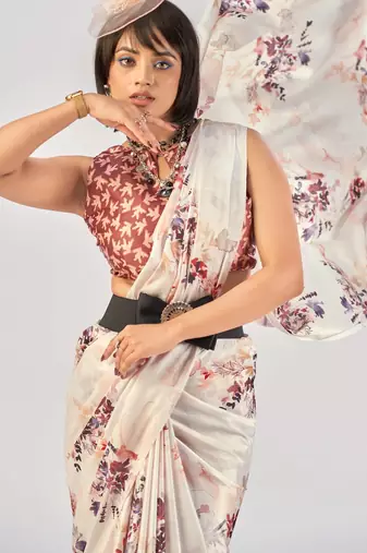 White satin silk elegant printed saree with unstitched blouse