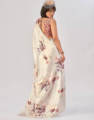 White satin silk elegant printed saree with unstitched blouse 3