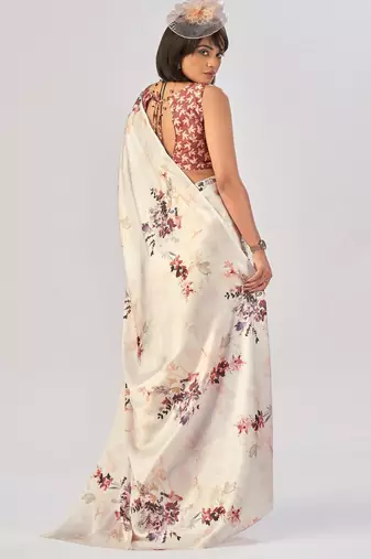 White satin silk elegant printed saree with unstitched blouse