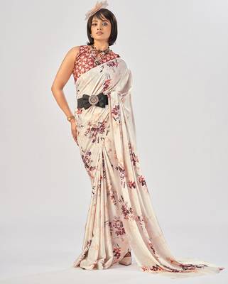 White satin silk elegant printed saree with unstitched blouse 4